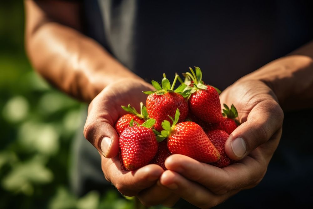 Farmer picking a fresh strawberry fruit plant food. 