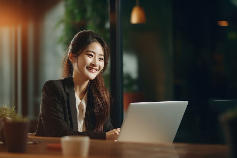 Working woman laptop computer smiling. AI generated Image by rawpixel.