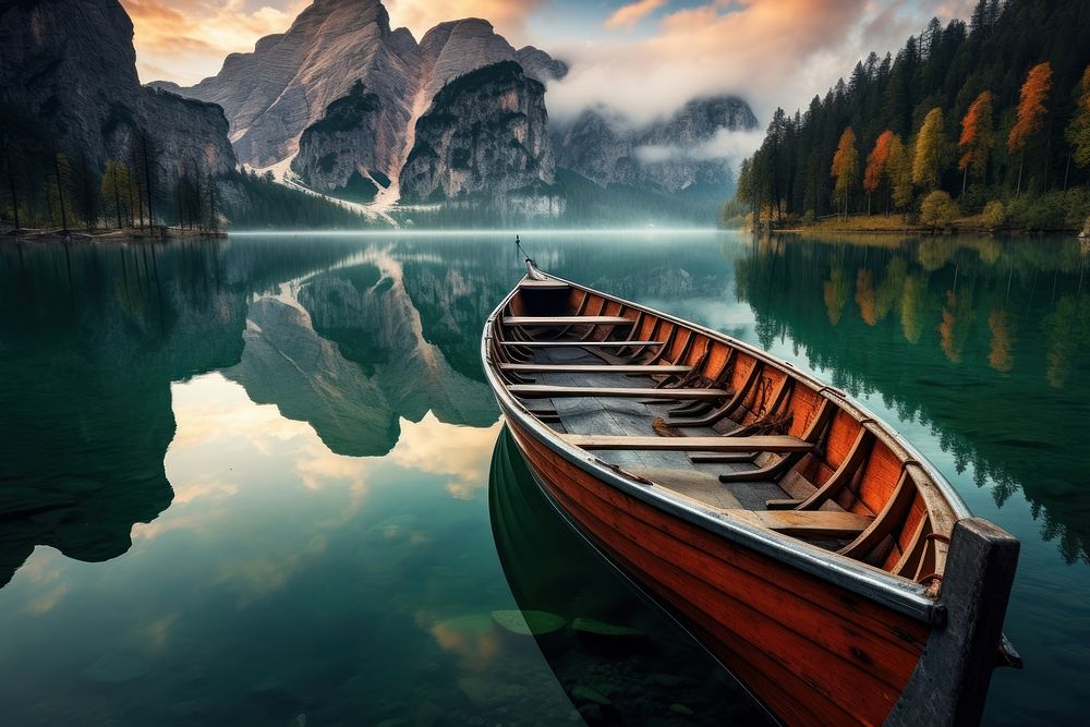 Lake boat landscape panoramic. AI generated Image by rawpixel.