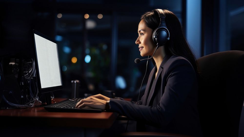 Photo of Businesswoman with headphones smiling during video conference. AI generated Image by rawpixel.