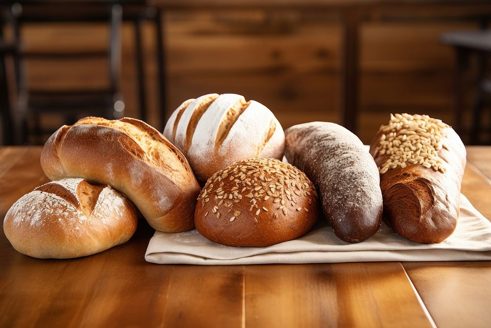 Bread table food wood. AI generated Image by rawpixel.