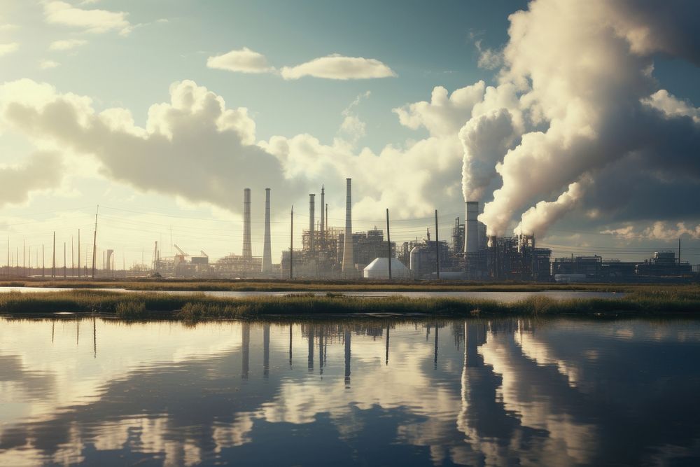 Factory industry pollution architecture landscape outdoors. AI generated Image by rawpixel.