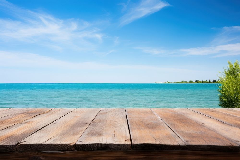 Wooden table wood sky sea. 