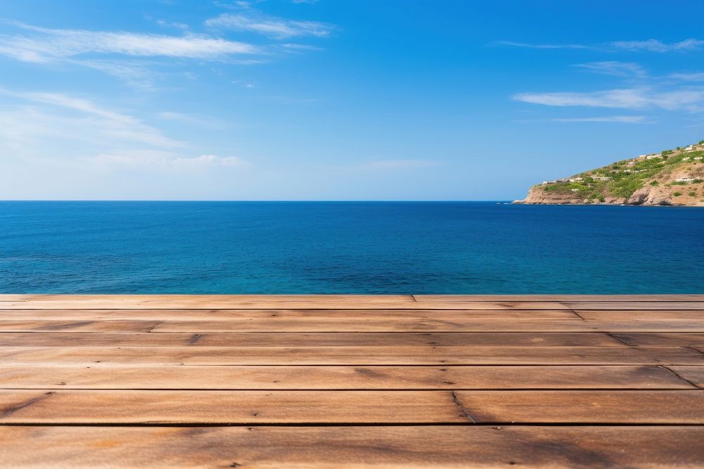 Wooden table wood sky sea. AI generated Image by rawpixel.