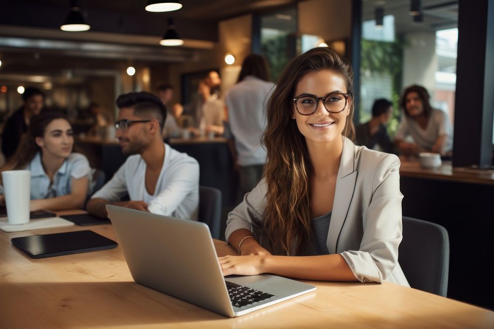 Working woman laptop computer glasses. 