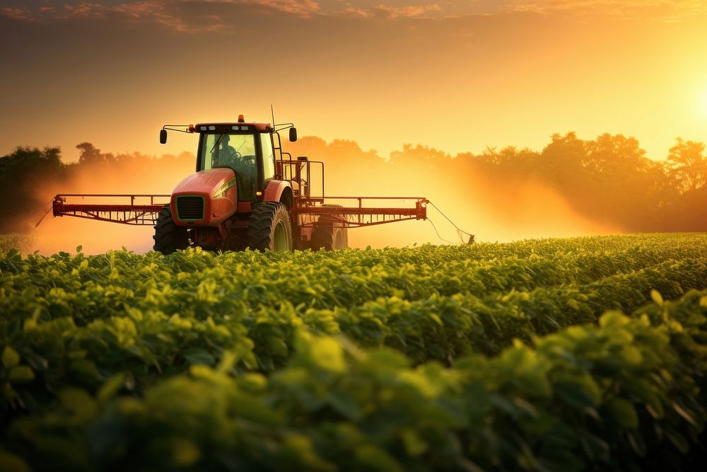 Tractor spraying field agriculture outdoors. 