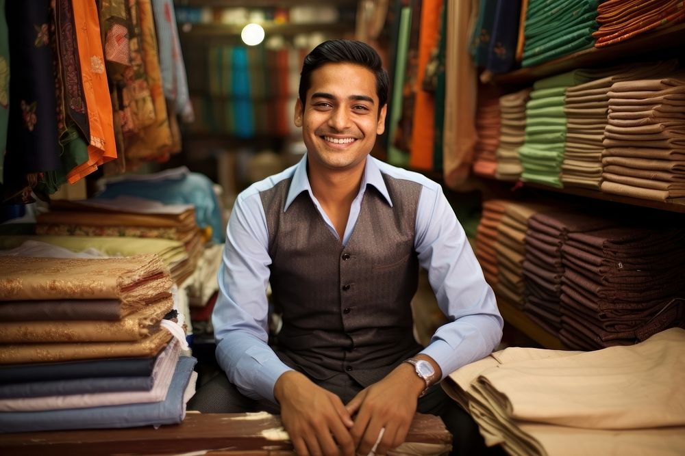 Indian Cloth merchant smiling sitting smile. 