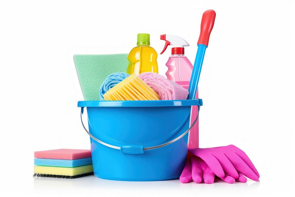 Plastic bucket cleaning brush white background. 