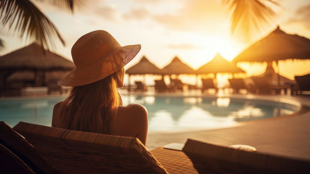 Woman relaxing by the pool in a luxurious beachfront hotel resort at sunset enjoying perfect beach holiday vacation.  