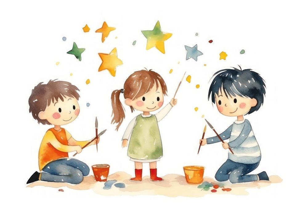 Kids painting cartoon white background togetherness. AI generated Image by rawpixel.