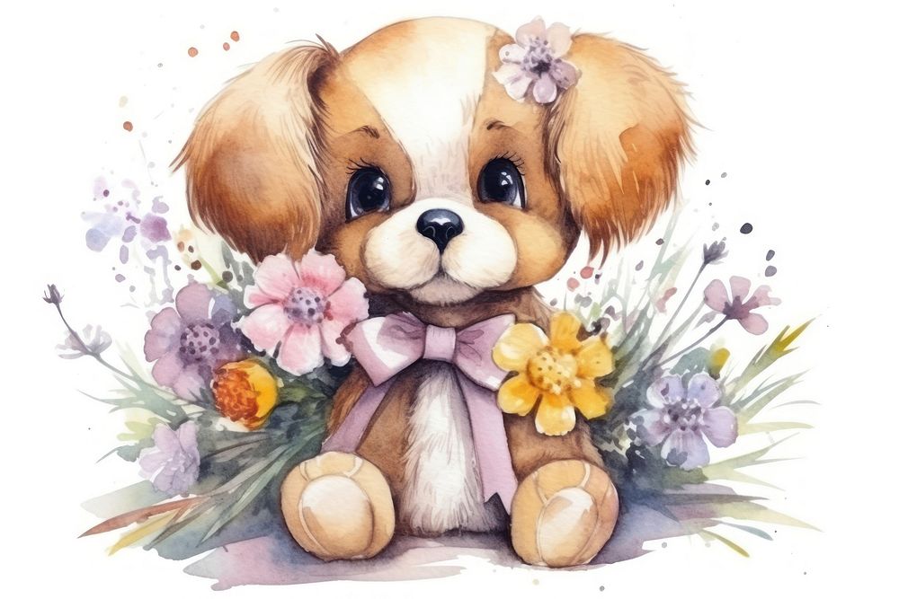 Dog flower bouquet drawing mammal sketch. AI generated Image by rawpixel.