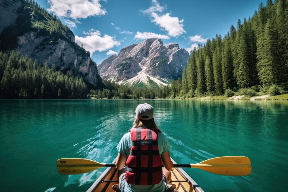 Young woman kayaking lake recreation lifejacket. 