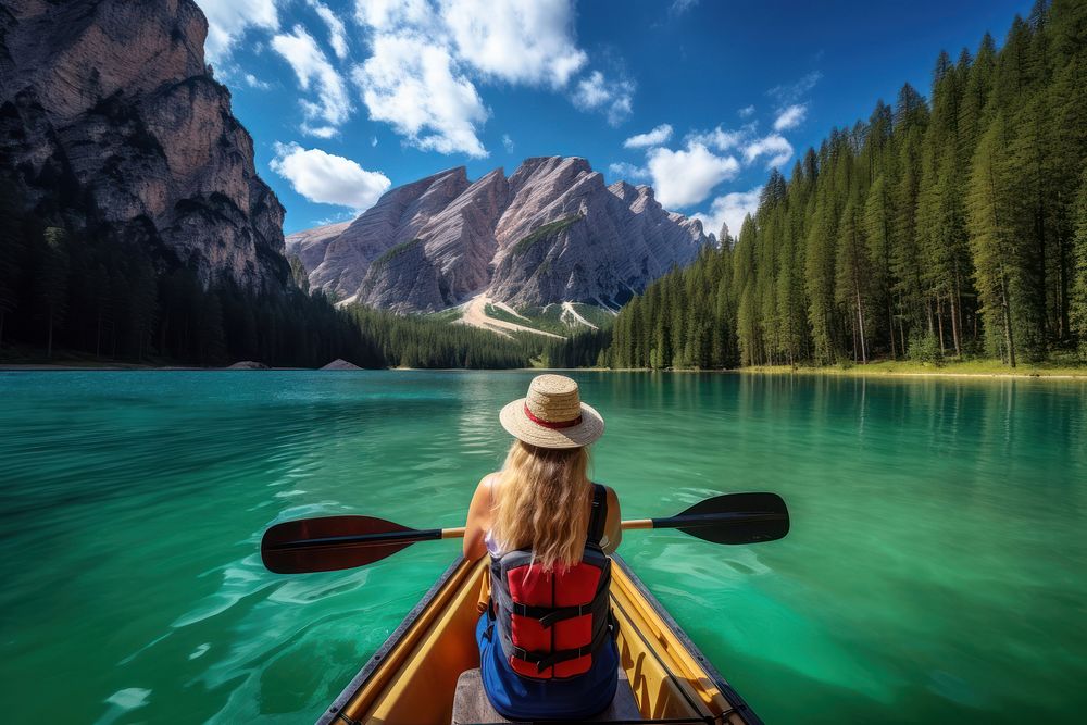 Young woman kayaking lake lifejacket mountain. 