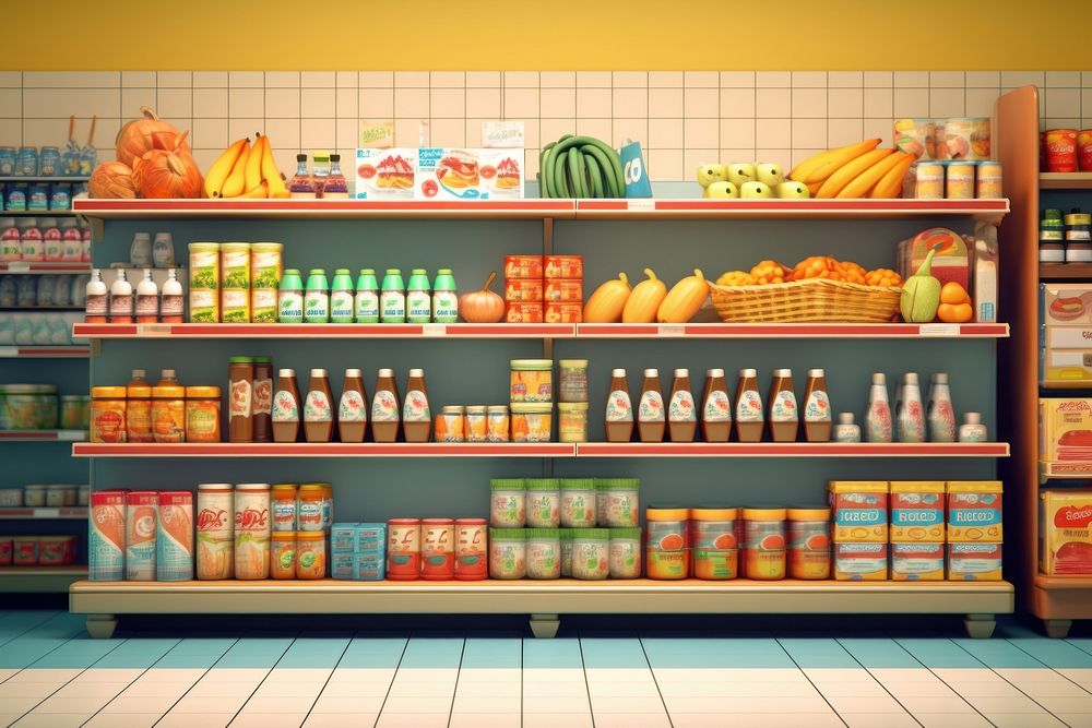 Supermarket shelves shelf food. AI | Free Photo Illustration - rawpixel