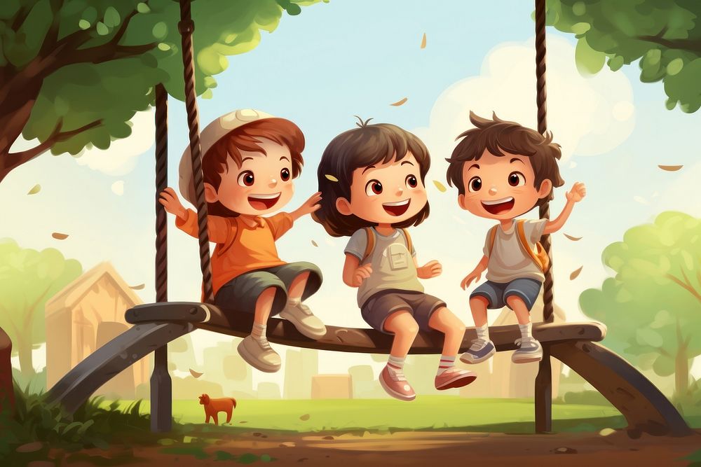 Three children playing outdoors day togetherness. 