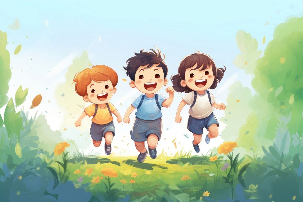 Three children playing cartoon day | Free Photo Illustration - rawpixel
