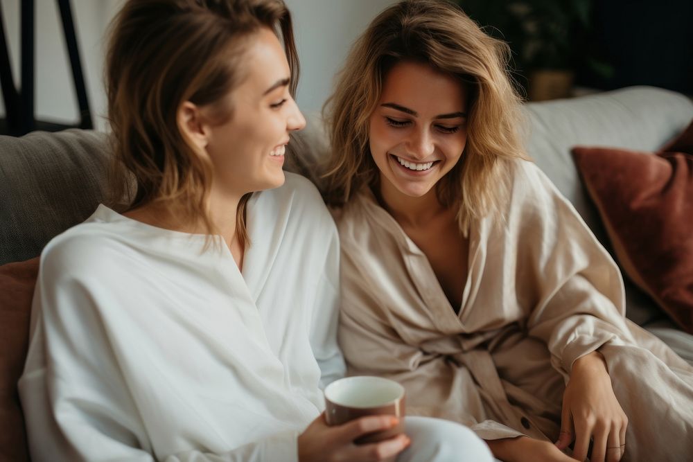 Lesbian couple laughing smiling coffee. AI generated Image by rawpixel.