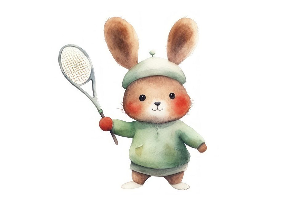 Rabbit playing tennis cartoon racket cute. 