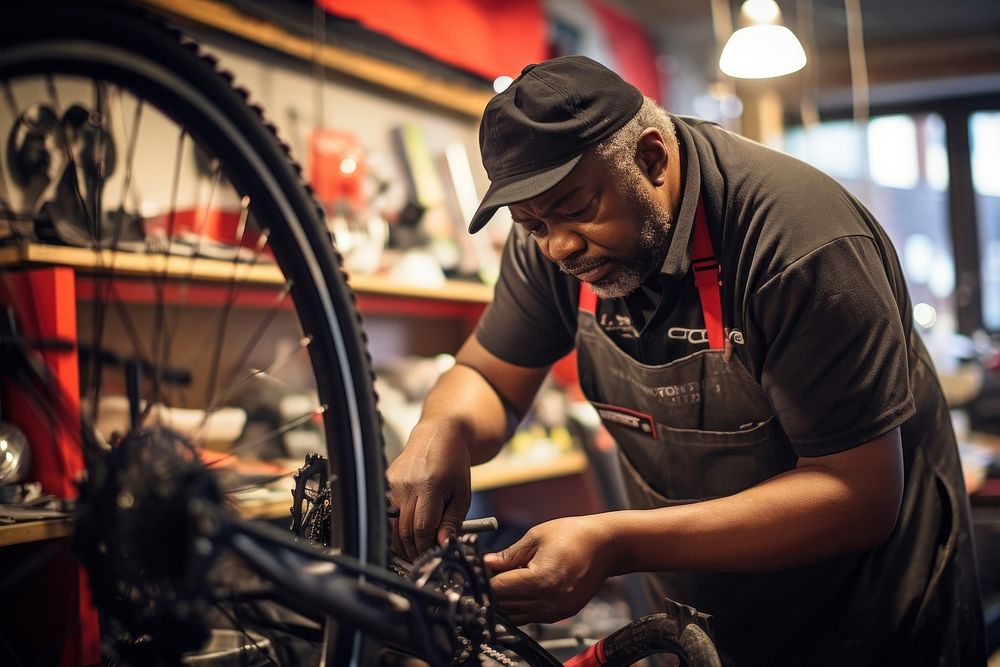 Technician repairing a bicycle vehicle sports wheel. AI generated Image by rawpixel.