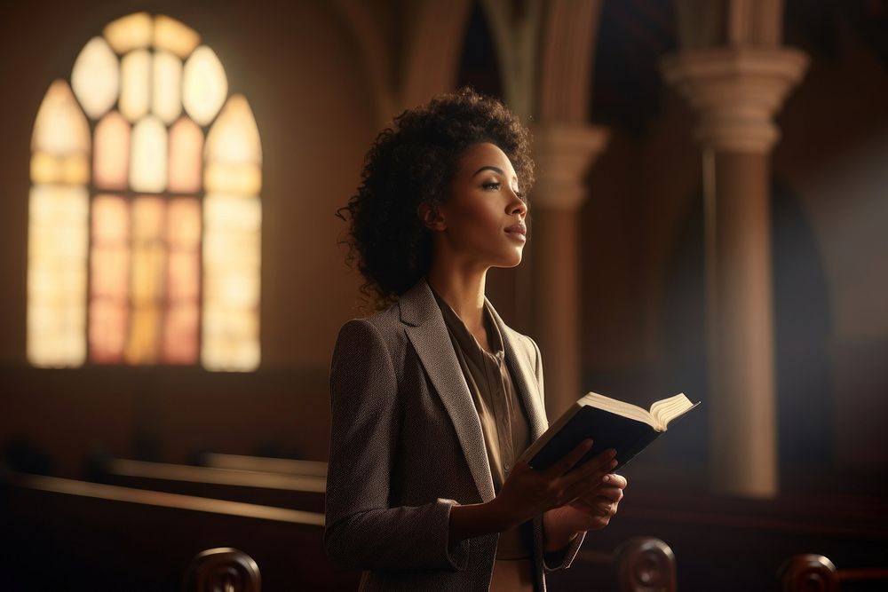 A dark-skinned woman holding a Bible reading adult contemplation. AI generated Image by rawpixel.