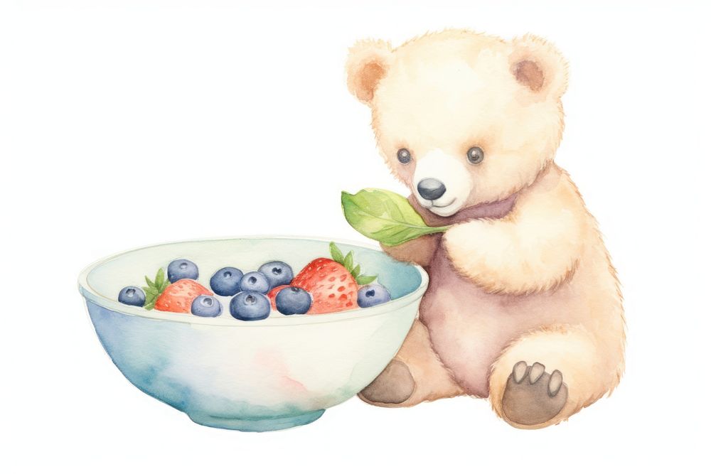 Baby cartoonish bear bowl blueberry mammal. AI generated Image by rawpixel.