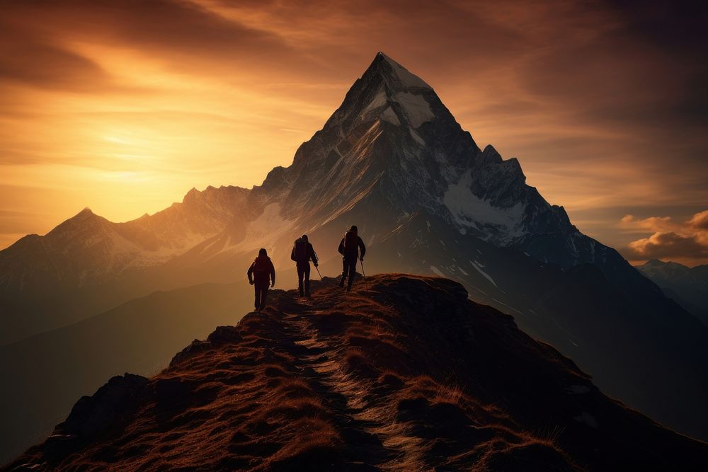 Mountain silhouettes hiking landscape adventure outdoors. 