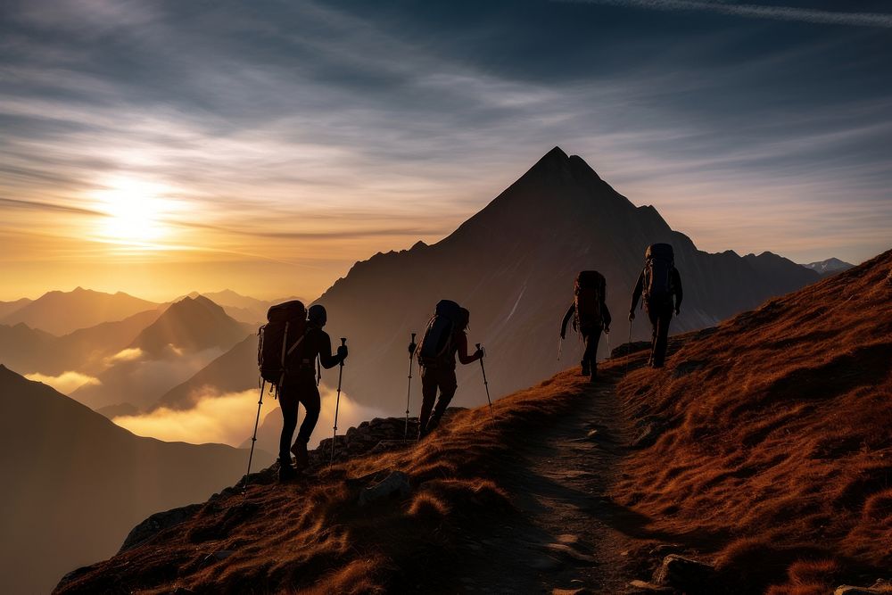 Mountain silhouettes hiking recreation adventure outdoors. 