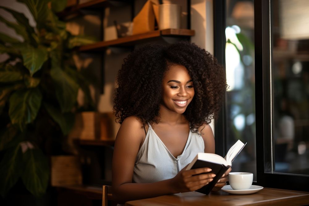 A dark-skinned woman reading adult book. 