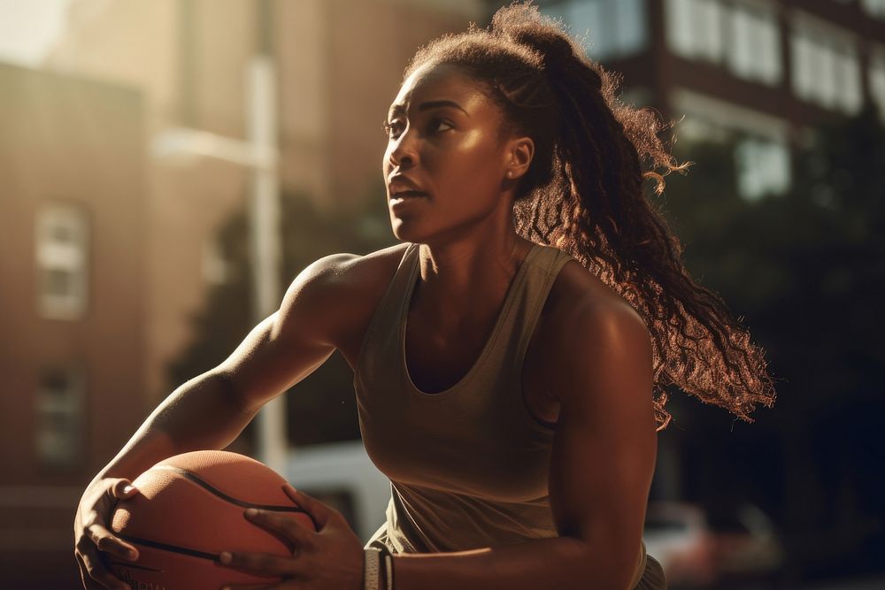 A dark-skinned female basketball athlete sports. 