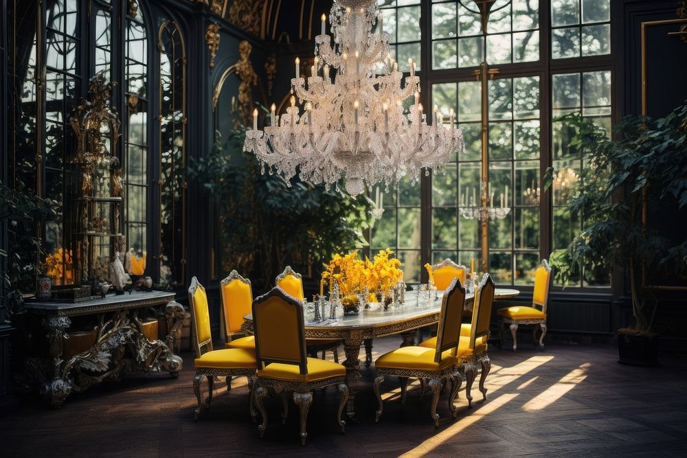 Dining room chandelier architecture yellow. AI generated Image by rawpixel.