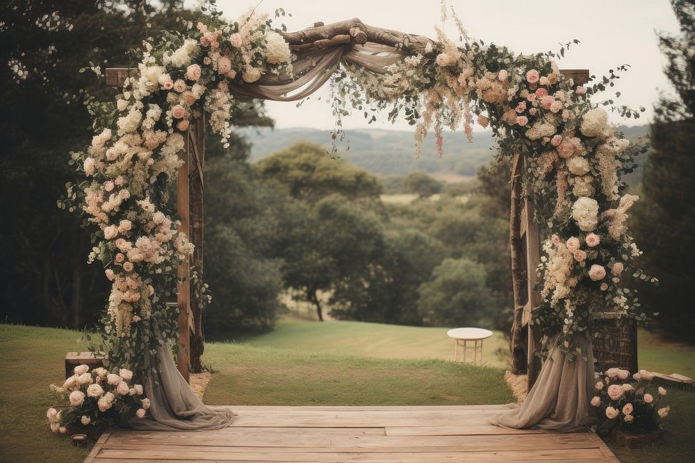 Rustic wooden wedding arch ceremony outdoors flower. 