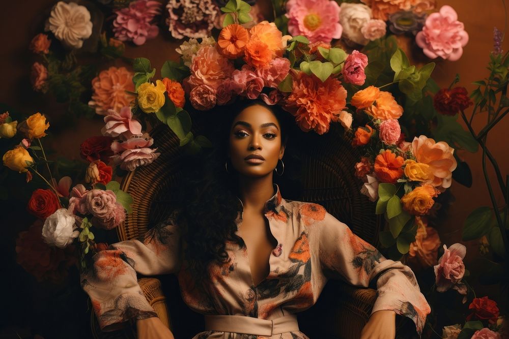 An African-American woman flower portrait fashion. 