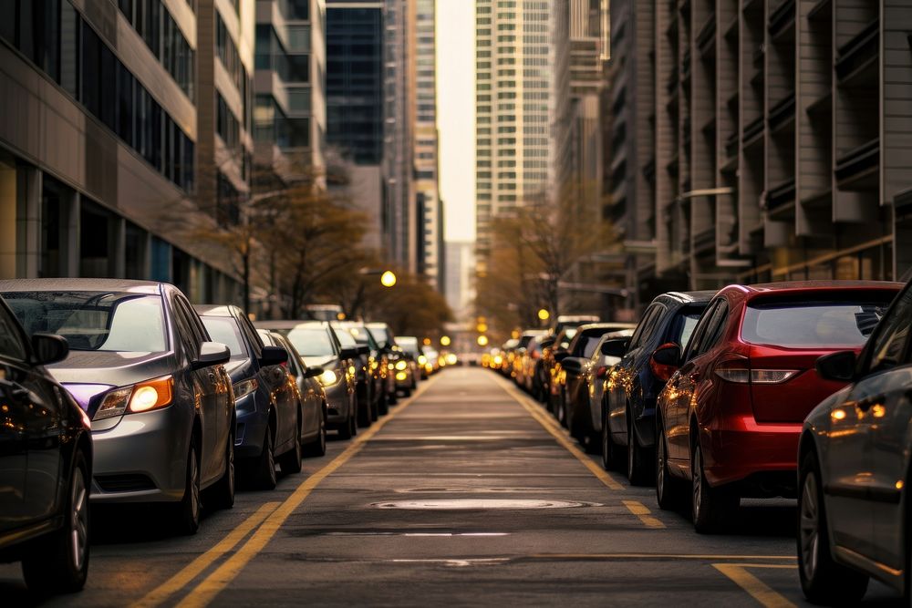 Cars parking building street city.