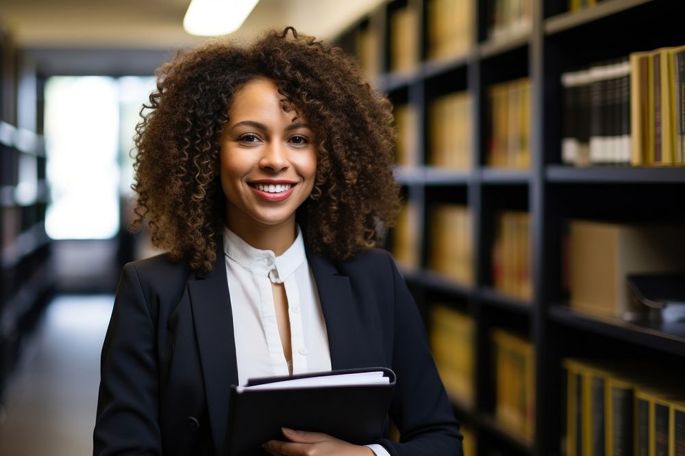 African-American female professional wearing glasses book publication bookcase. 