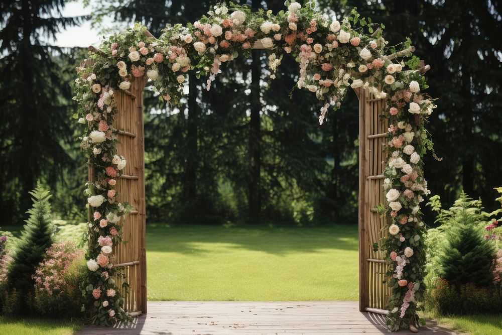 Wedding ceremony newlyweds architecture outdoors flower. AI generated Image by rawpixel.