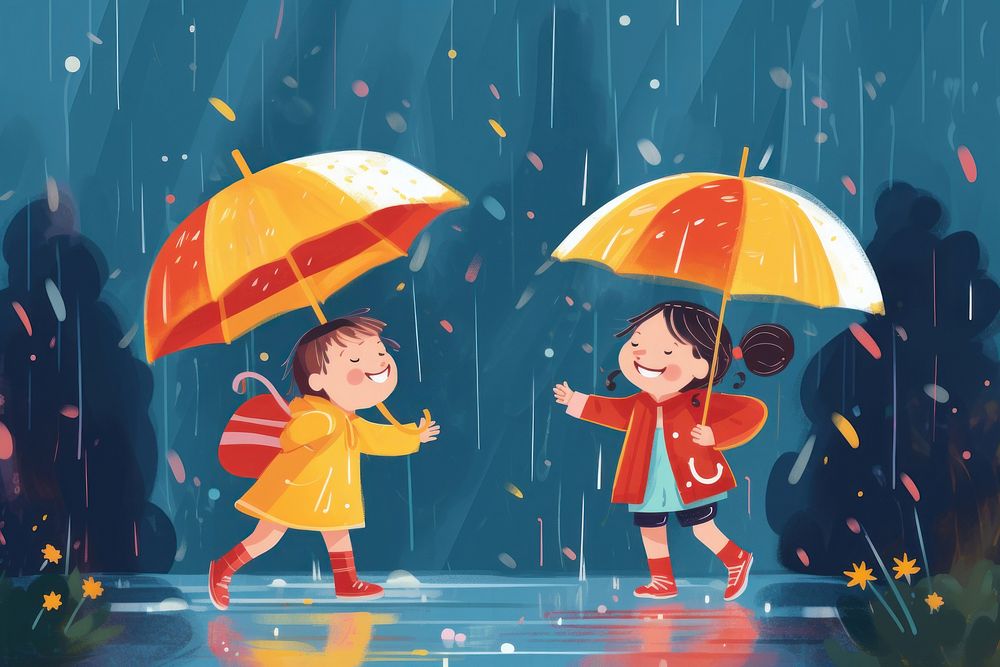 Kids rain togetherness friendship. 