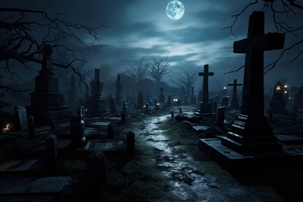 Night Cemetery Horror cemetery. AI generated Image by rawpixel.
