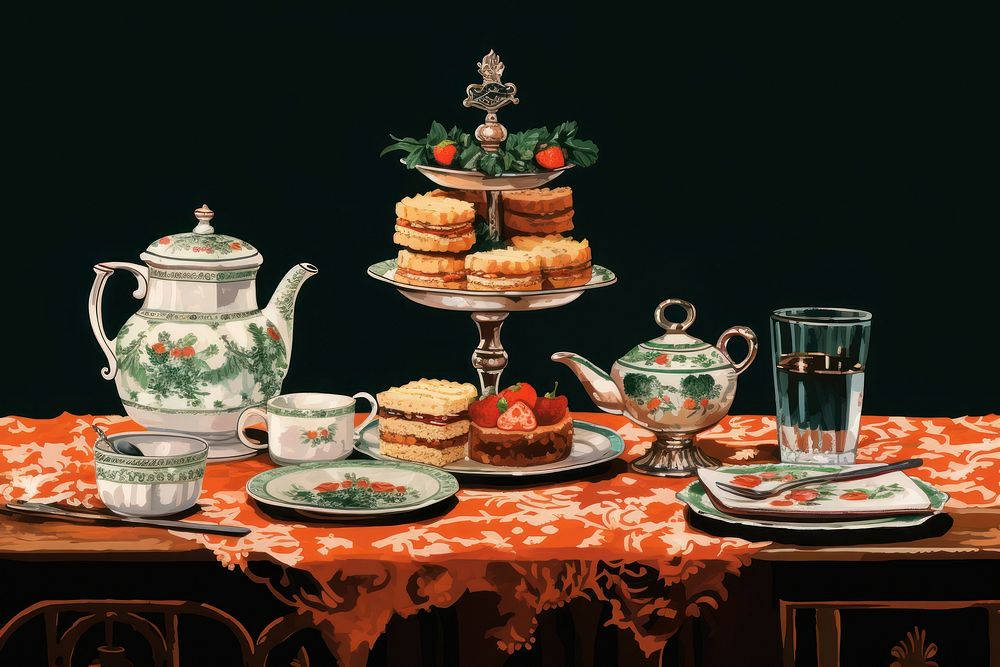 High tea table furniture teapot. AI generated Image by rawpixel.