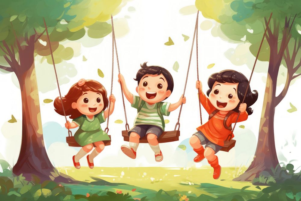 Three children playing outdoors plant swing. AI generated Image by rawpixel.
