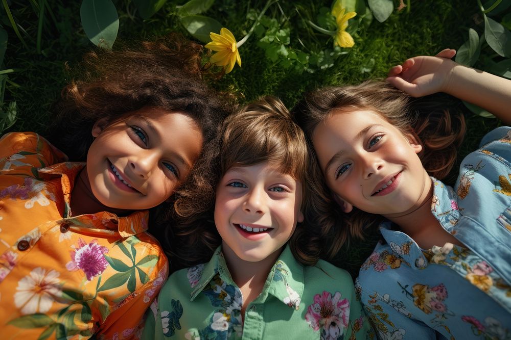 3 kids portrait flower plant. AI generated Image by rawpixel.