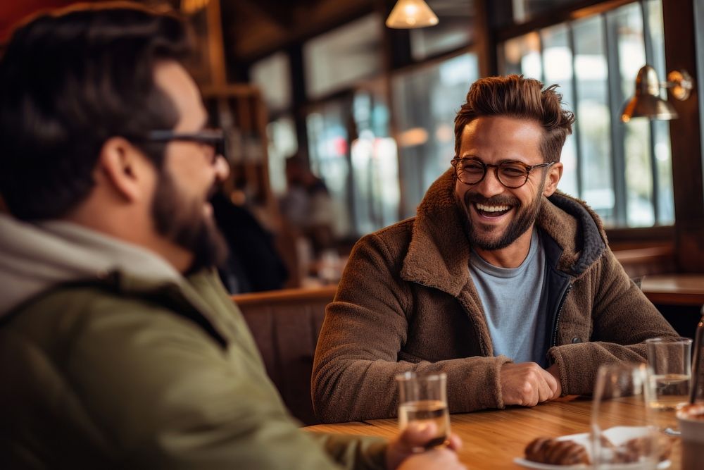 Gay couple laughing glasses smiling. AI generated Image by rawpixel.