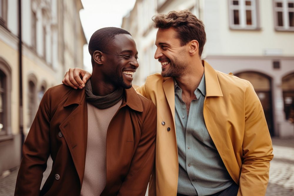 Gay couple outdoors smiling adult. AI generated Image by rawpixel.