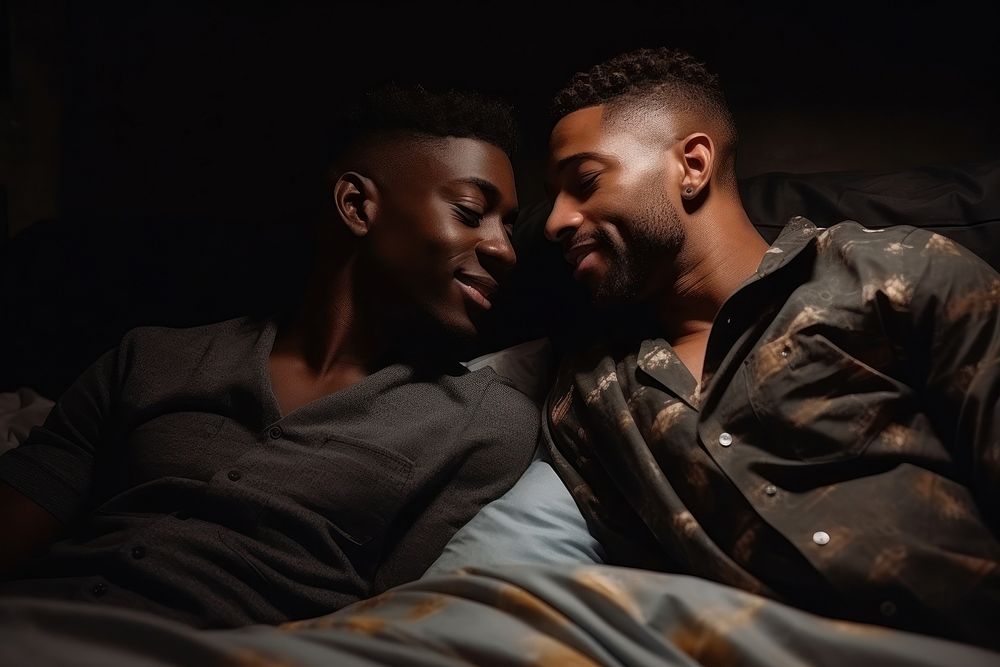 Gay couple adult bed affectionate. AI generated Image by rawpixel.