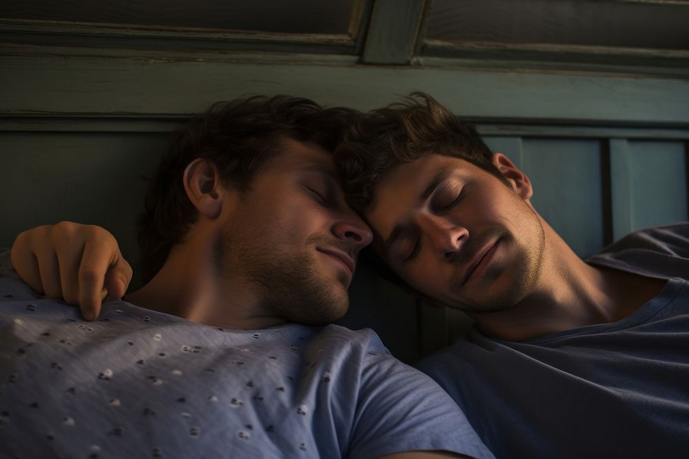 Gay couple adult bed affectionate. AI generated Image by rawpixel.