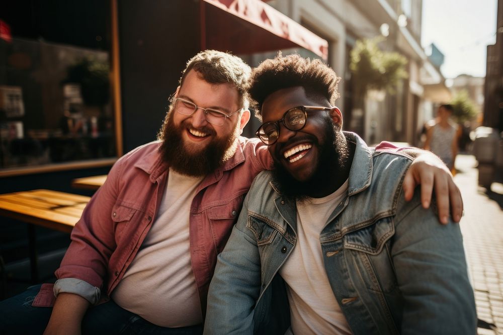 Gay couple city photography laughing. AI generated Image by rawpixel.