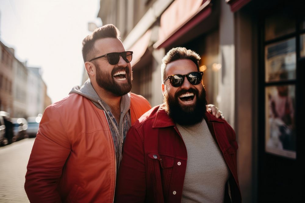 Gay couple city photography sunglasses. 