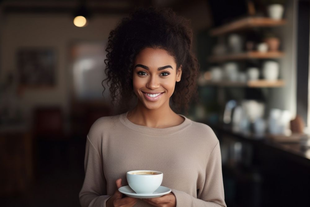 Woman holding a tea smiling coffee smile. AI generated Image by rawpixel.