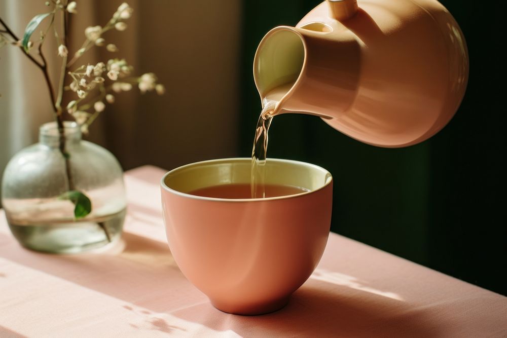 Tea being poured cup mug refreshment. 