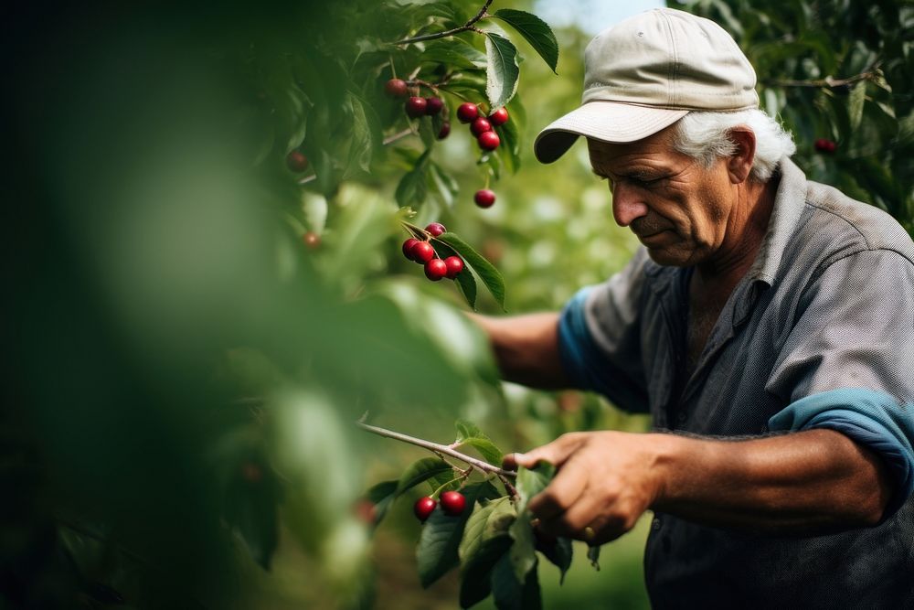Man picking cherries gardening outdoors nature. AI generated Image by rawpixel.