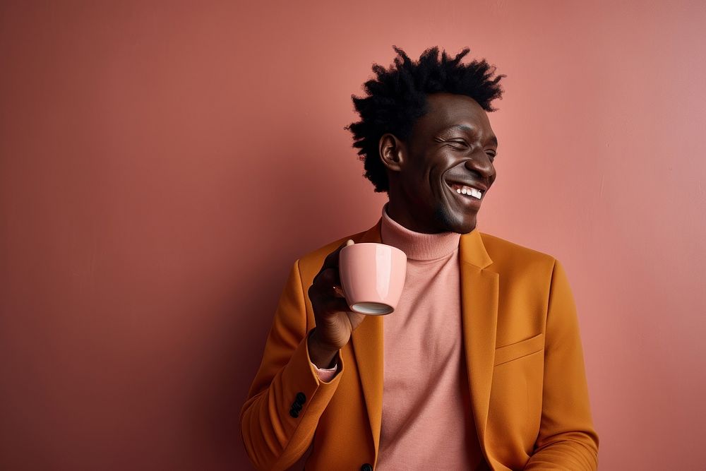 Man drinking tea smiling adult cup. 